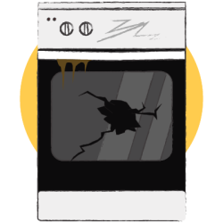 Oven or cooker illustration with shattered glass door, showing damage that may require appliance repair or replacement