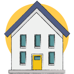 Illustration of a house representing a modern home, associated with kitchen appliances, white goods, brown goods, and home tech