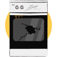 Oven or cooker illustration with shattered glass door, showing damage that may require appliance repair or replacement