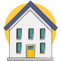 Illustration of a house representing a modern home, associated with kitchen appliances, white goods, brown goods, and home tech